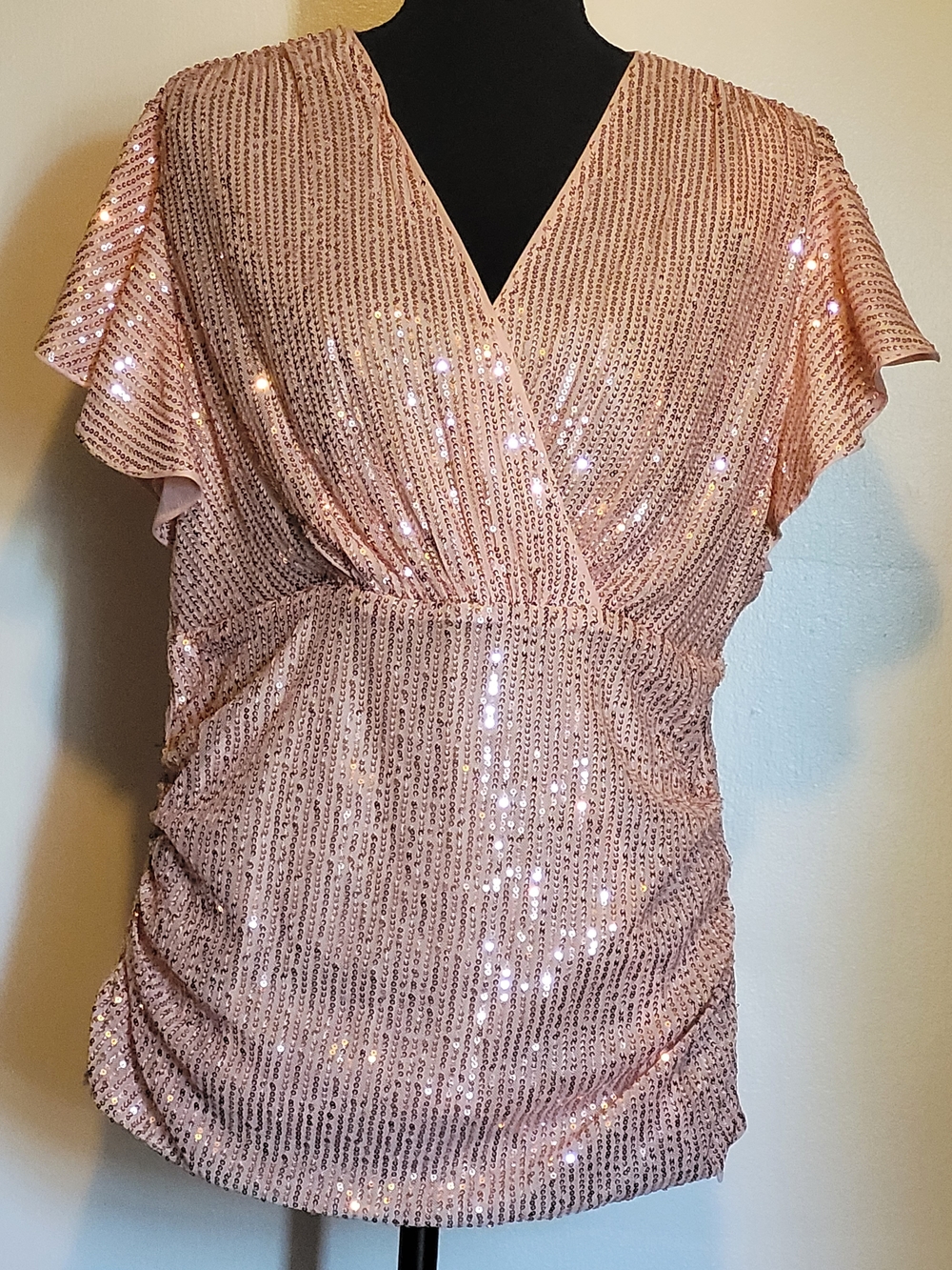 Grace Karin Blush Pink Sequin Top Flutter Sleeve Ruched Waist Party Blouse